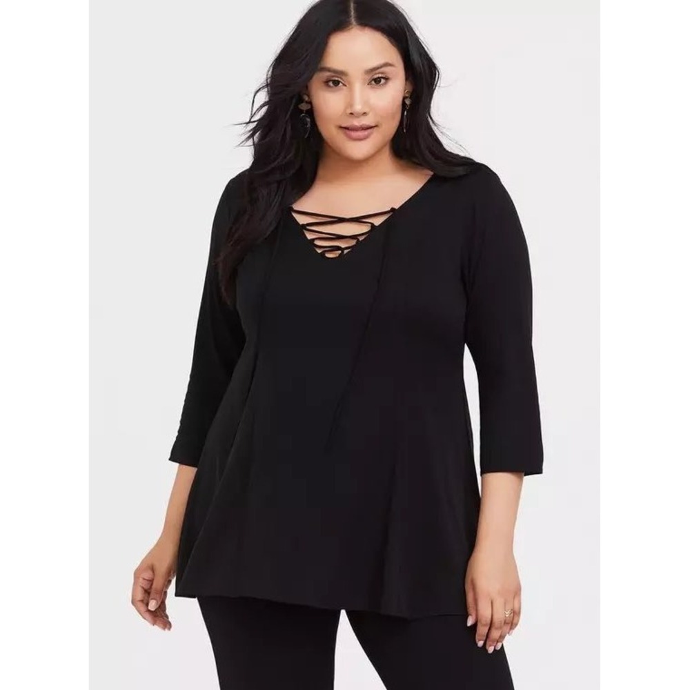 Torrid Black Stretch Challis Lace-Up Blouse 3/4 Sleeve V-Neck Top Plus Size 5 5X